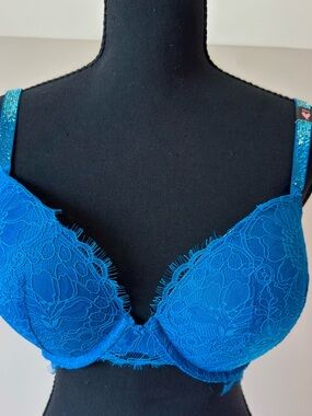 Victoria's Secret Electric Blue Lace Shine Strap Push-Up Bra & Panty Set